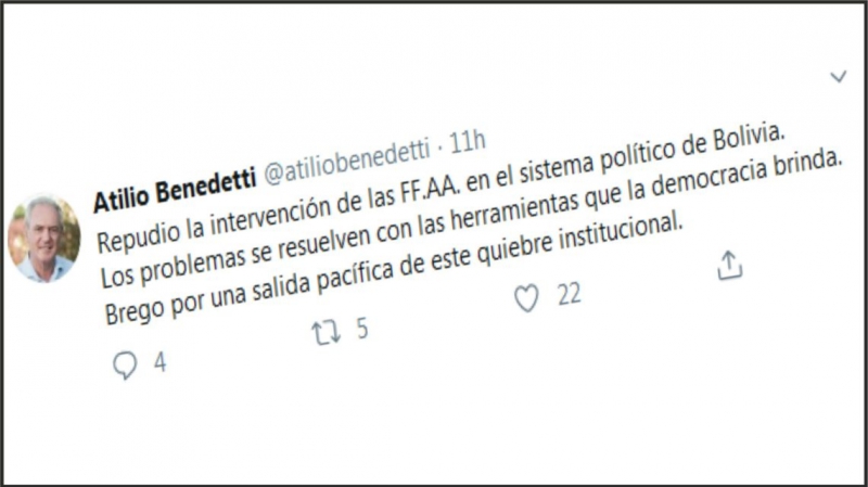 Benedetti condenó el quiebre institucional en Bolivia