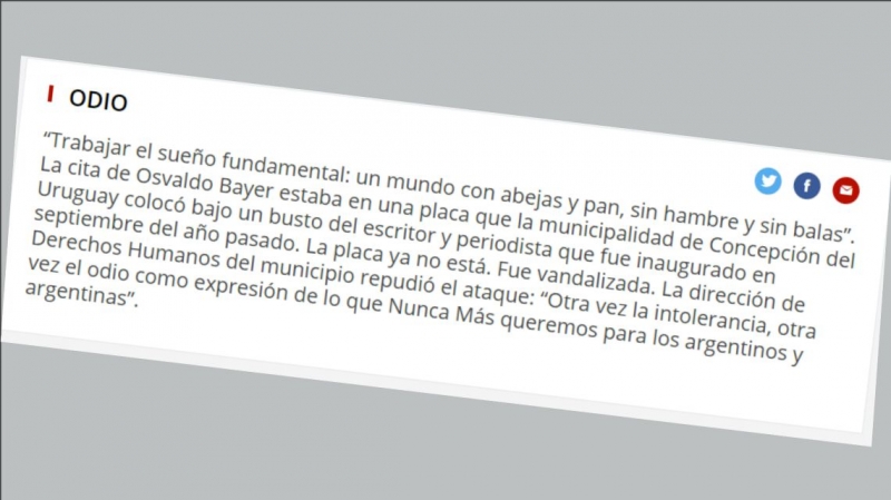 Página/12 informó sobre el ataque al monumento de Osvaldo Bayer