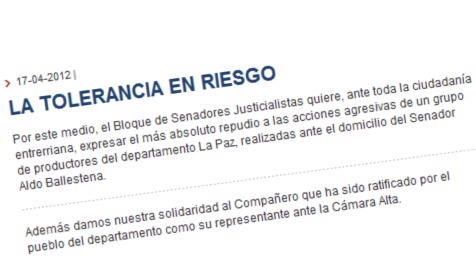 Productores escracharon al hogar del senador Ballestena y el FJPV lo repudió 