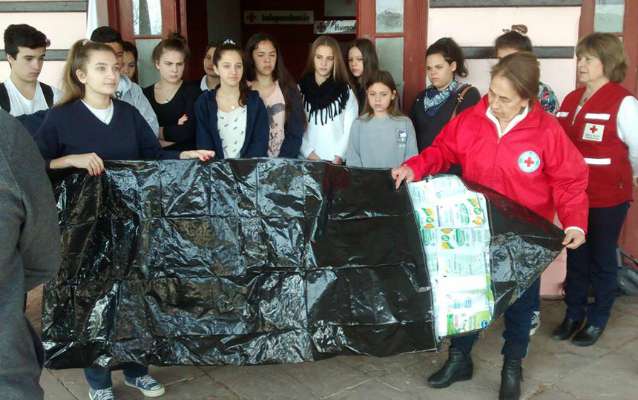 La Cruz Roja recibió de alumnos de la Normal bolsas para dormir hechas con material reciclado